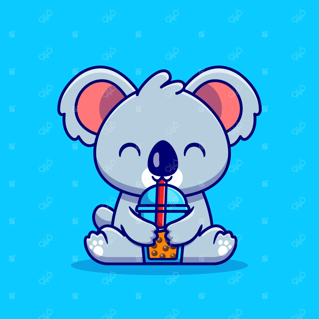 تصویر کارتونی کوآلا بامزه نوشیدنی چای شیر بوبا