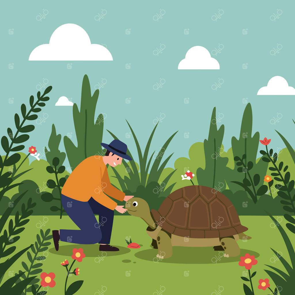 مردی که در باغی پر از گل و گیاه به لاک‌پشت غذا می‌دهد