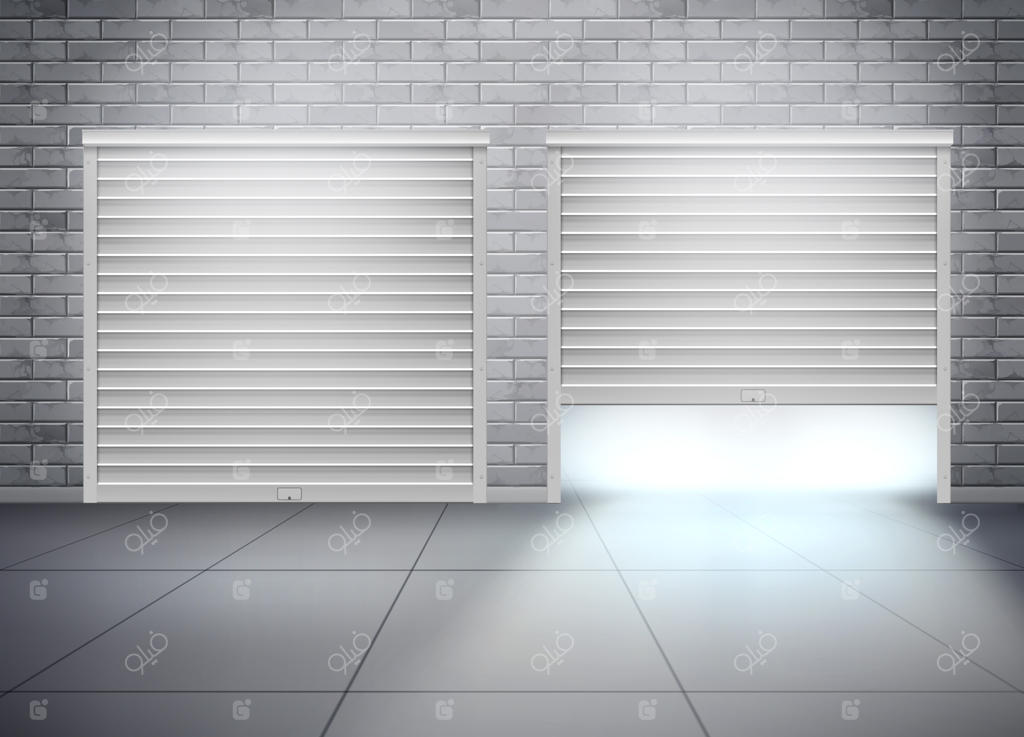 گاراژ با دو ورودی در دیواری از آجر خاکستری - ترکیب واقع‌گرایانه با درب باز