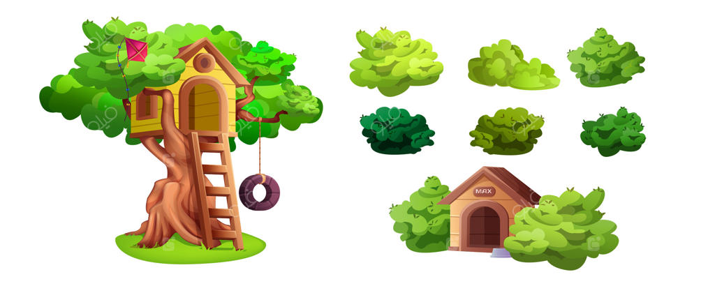 مجموعه‌ای از اجزای کارتونی: خانه درختی، بوته‌های سبز باغ و خانه سگ. خانه درختی با نردبان چوبی، بادبادک و تاب لاستیکی برای بازی کودکان. محلی برای بازی و فعالیت‌های کودکانه در تابستان.
