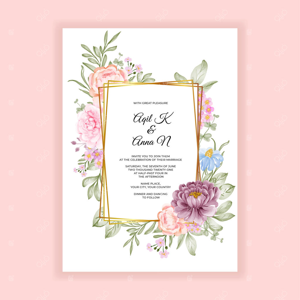 کارت دعوت عروسی با طرح قاب گل و گل‌های صورتی و بنفش