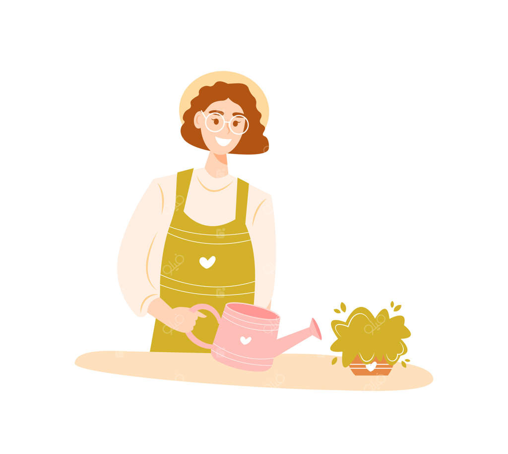 زن جوانی که لبخند می‌زند و گلدان را آب می‌دهد. طراحی دستی شخصیت کارتونی ساده در پس‌زمینه سفید. باغبان زن با پیش‌بند. مفهوم عاشق باغبانی و گیاهان