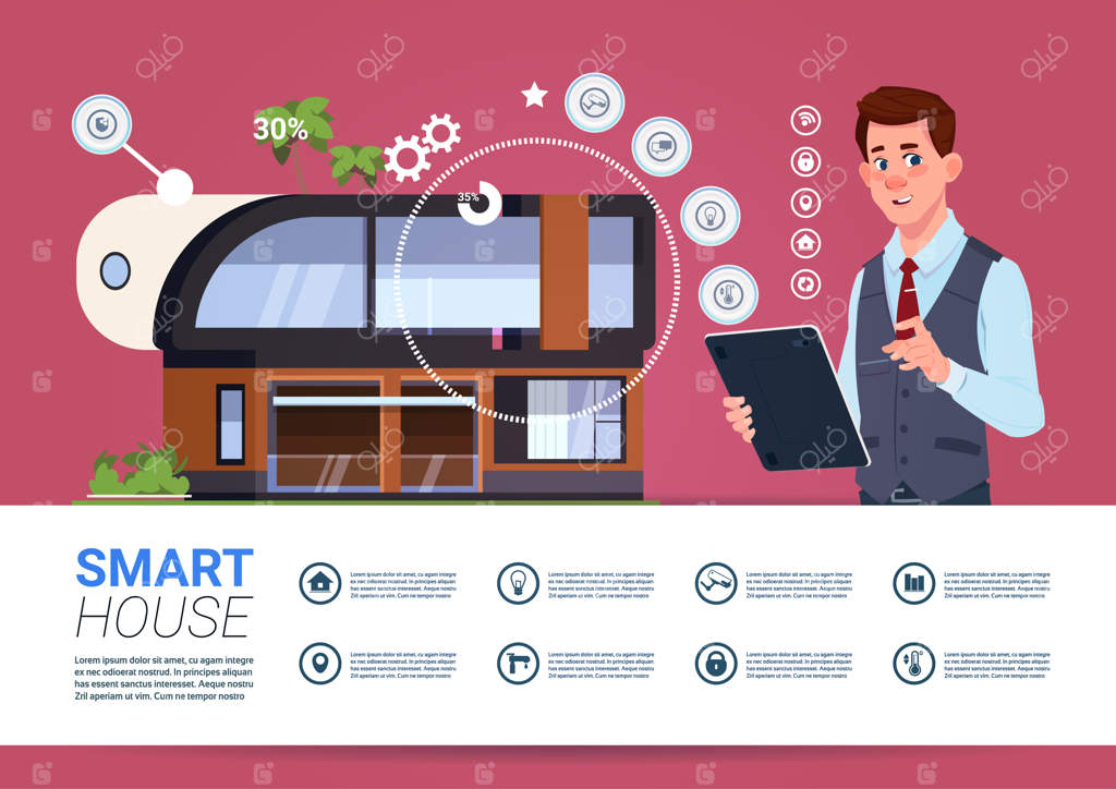 مردی با تبلت دیجیتال و رابط کاربری سیستم مدیریت خانه هوشمند