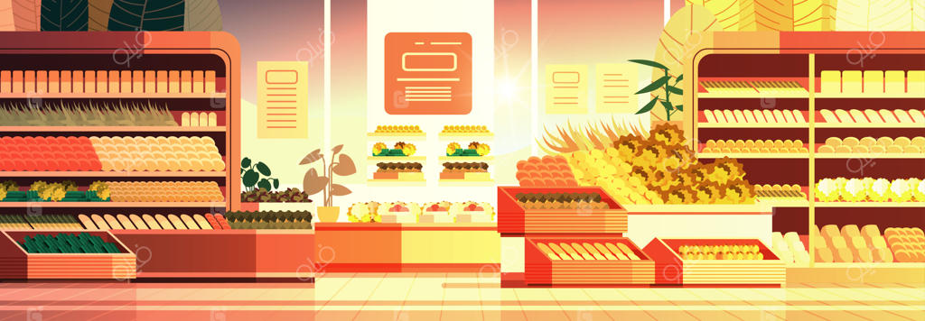 فروشگاه مواد غذایی با قفسه‌های محصولات - مفهوم مصرف‌گرایی در یک بازار مدرن