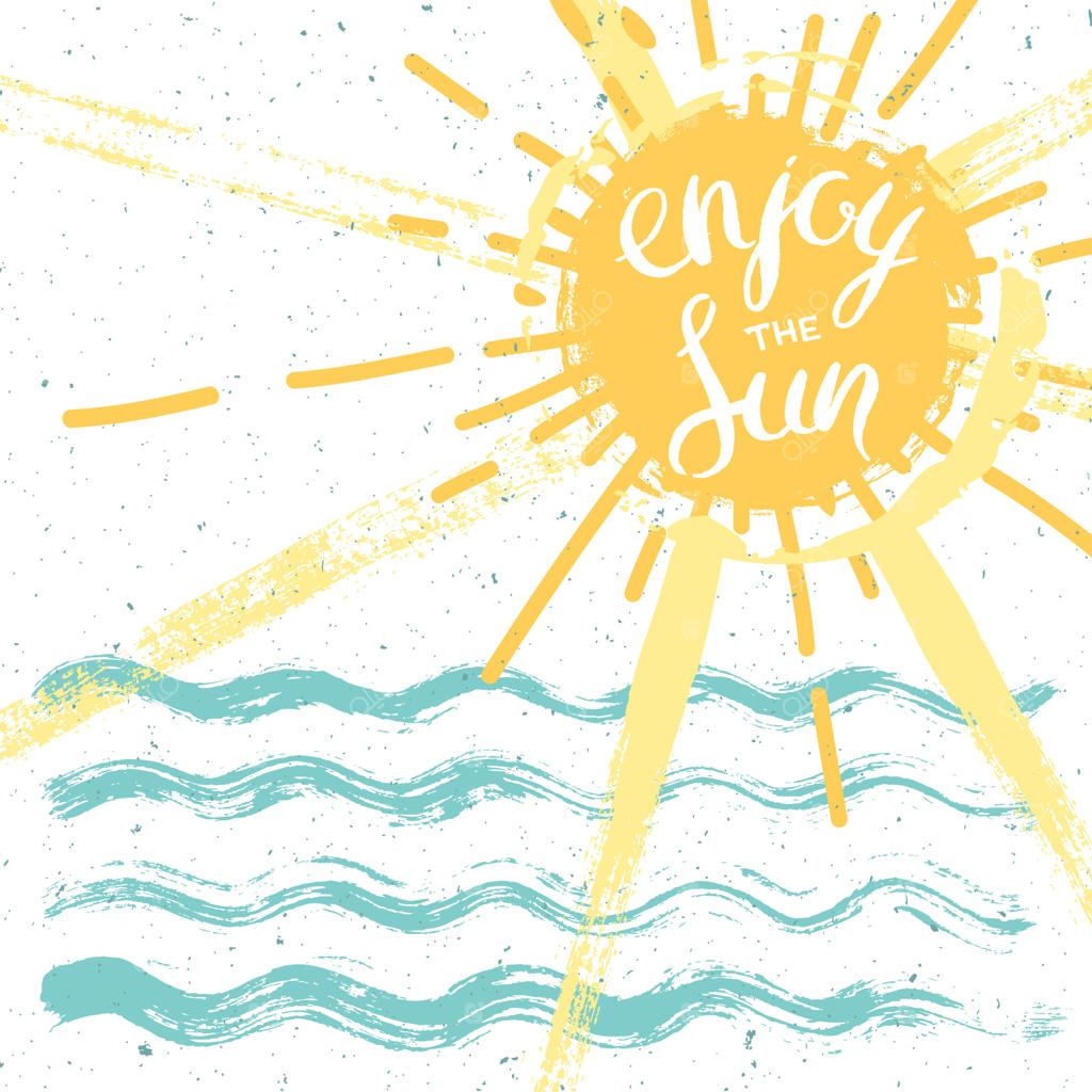 پوستر تابستانی با خورشید و موج‌های دریا به سبک گرانج - تصویرسازی تابستانی وکتور
