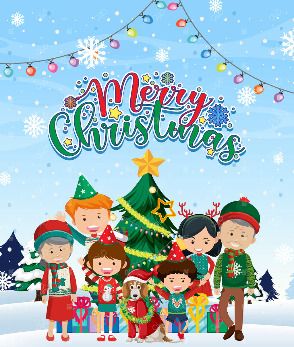 طرح لوگوی کریسمس مبارک با حضور کودکان و درخت کریسمس