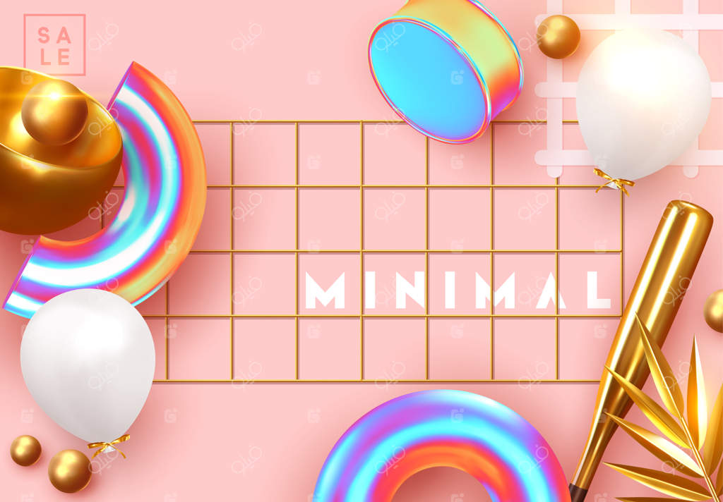 زمینه انتزاعی و مینیمال خلاقانه: طراحی واقع‌گرایانه اشیاء سه‌بعدی با اشکال متنوع، برگ‌های نخل طلایی، کره‌های طلایی، و الگوهای هندسی. بنر و پوستر. تصویرسازی وکتور