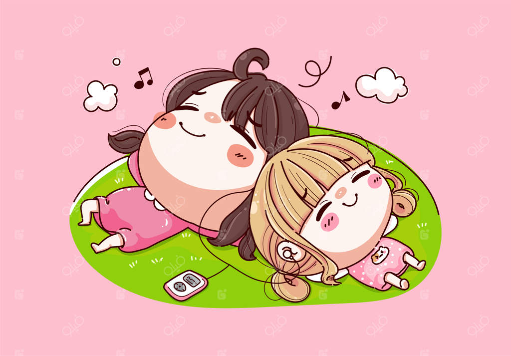 دو دختر جوان دراز کشیده‌اند، به موسیقی گوش می‌دهند و روز خوشی دارند.