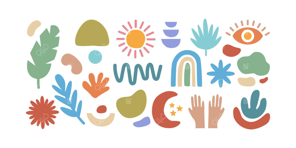 آیکون‌های بوهوی زیبا در رنگ‌های گرم، با طرح ماه، چشم، ستاره و اشکال انتزاعی. ایده‌آل برای موضوعات معنوی و مدرن.