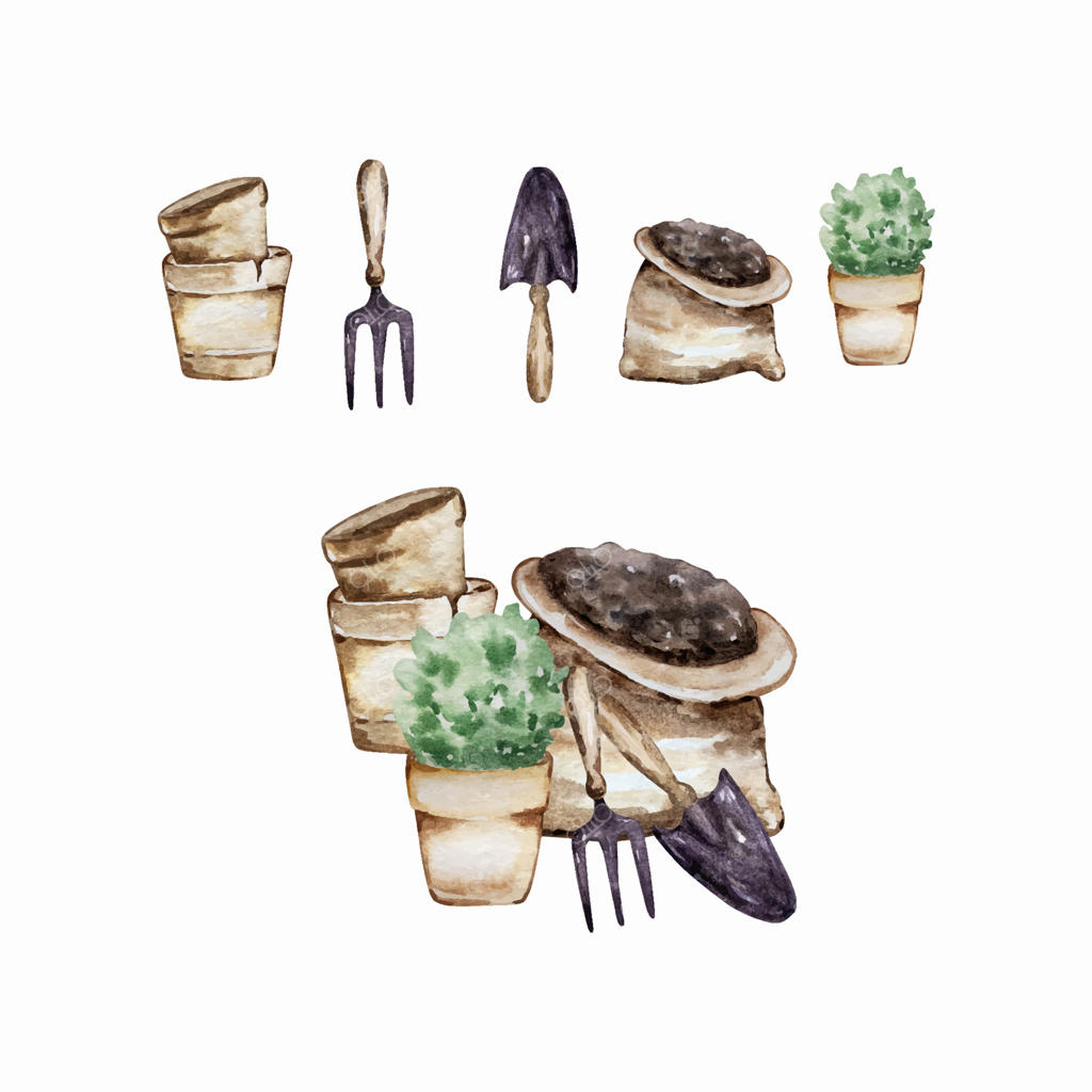 تصویرسازی باغ آبرنگی با عناصر ابزار باغبانی