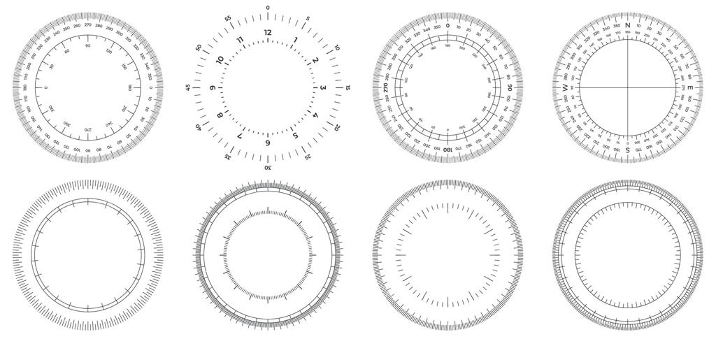دوایر اندازه‌گیری گرد: مجموعه‌ای از دایره‌های مقیاس ۳۶۰ درجه با خطوط و شمارنده‌های دایره‌ای
