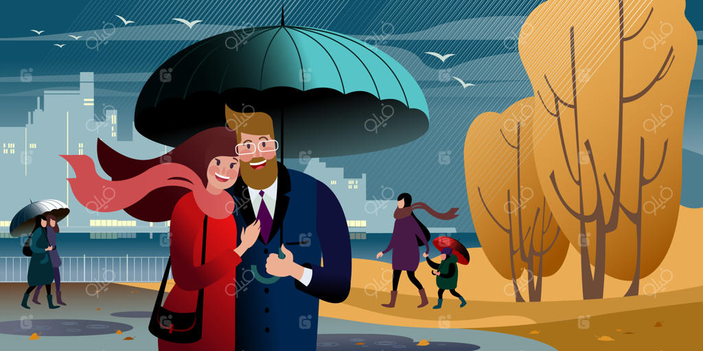 پیاده‌روی یک زوج جوان در پارک شهری پاییزی زیر چتر. صحنه‌ای از خیابان شهر.