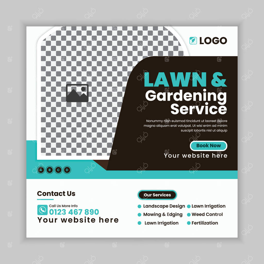 قالب طراحی پست شبکه‌های اجتماعی برای نگهداری باغ و مراقبت از چمن، بنر وب برای خدمات چمن‌زنی، طراحی پوستر آنلاین به سبک کشاورزی