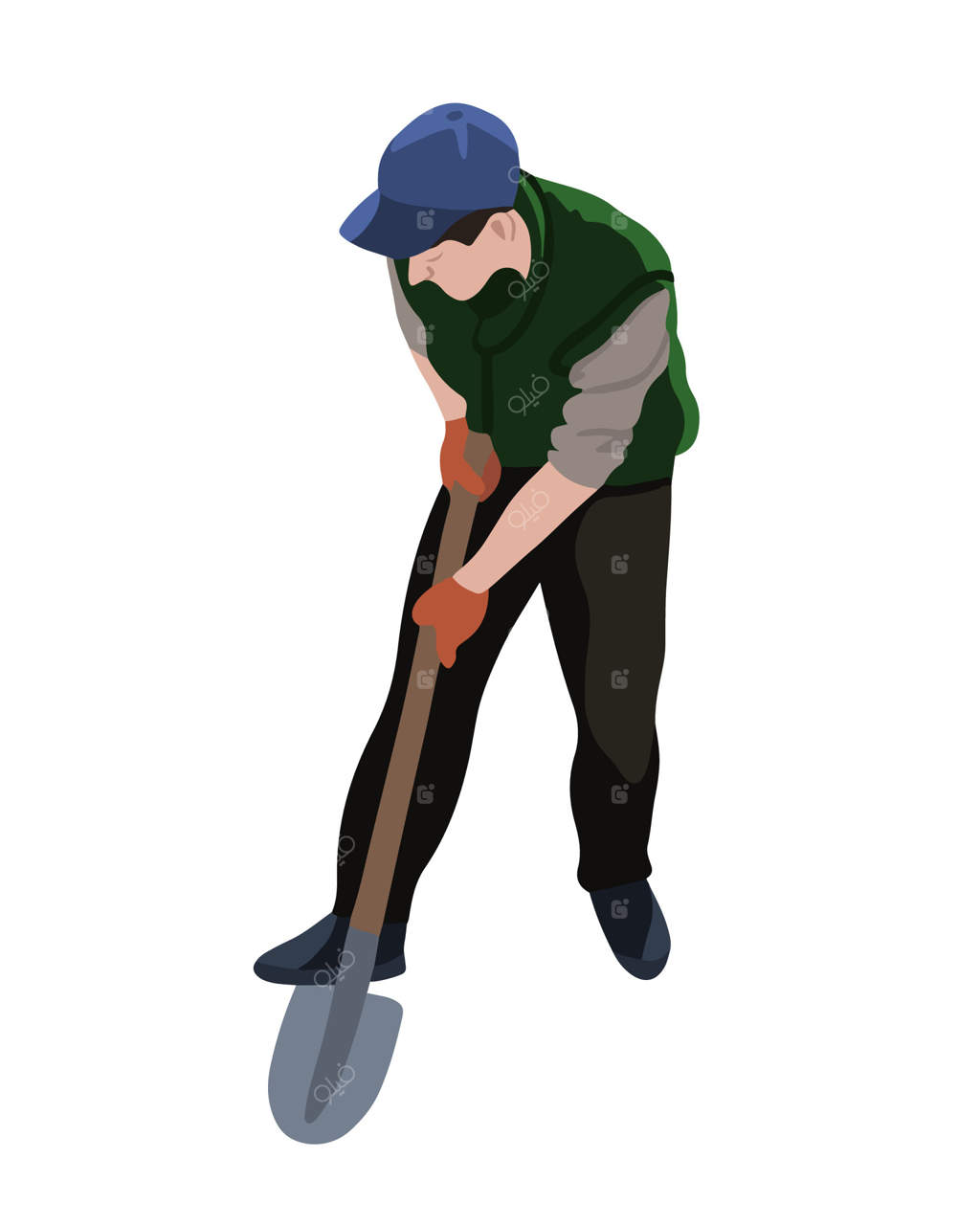 مردی در طول روز با بیل برای باغبانی زمین را می‌کند.