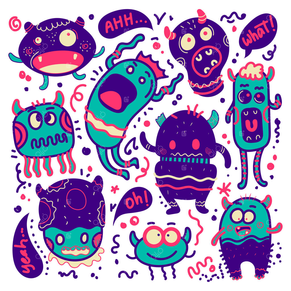 ایکون‌های برچسب هیولاهای بامزه دست‌کشیده برای رنگ‌آمیزی به صورت وکتور