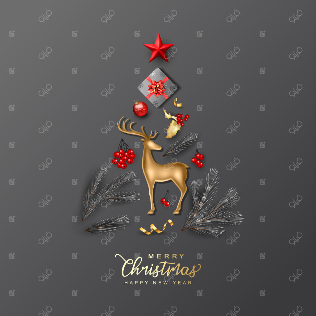 کارت کریسمس و سال نو با درخت کریسمس ساخته شده از تزئینات واقعی و شادمانه