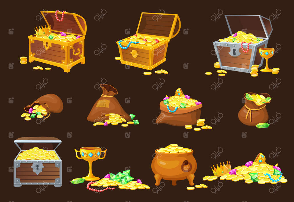 کیسه گنجینه: کیسه‌ها و صندوق‌های قرون وسطی پر از سکه‌های طلا، جعبه چوبی باز با جواهرات، انبوه الماس و قطعات فلزات گران‌بها، تاج سلطنتی و کیسه‌های قدیمی پر از پول