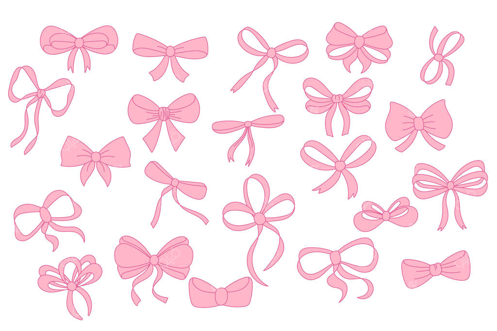 مجموعه‌ای ساده از پاپیون‌های کشیده شده با دست: تزئینات پاپیونی و روبان‌های صورتی