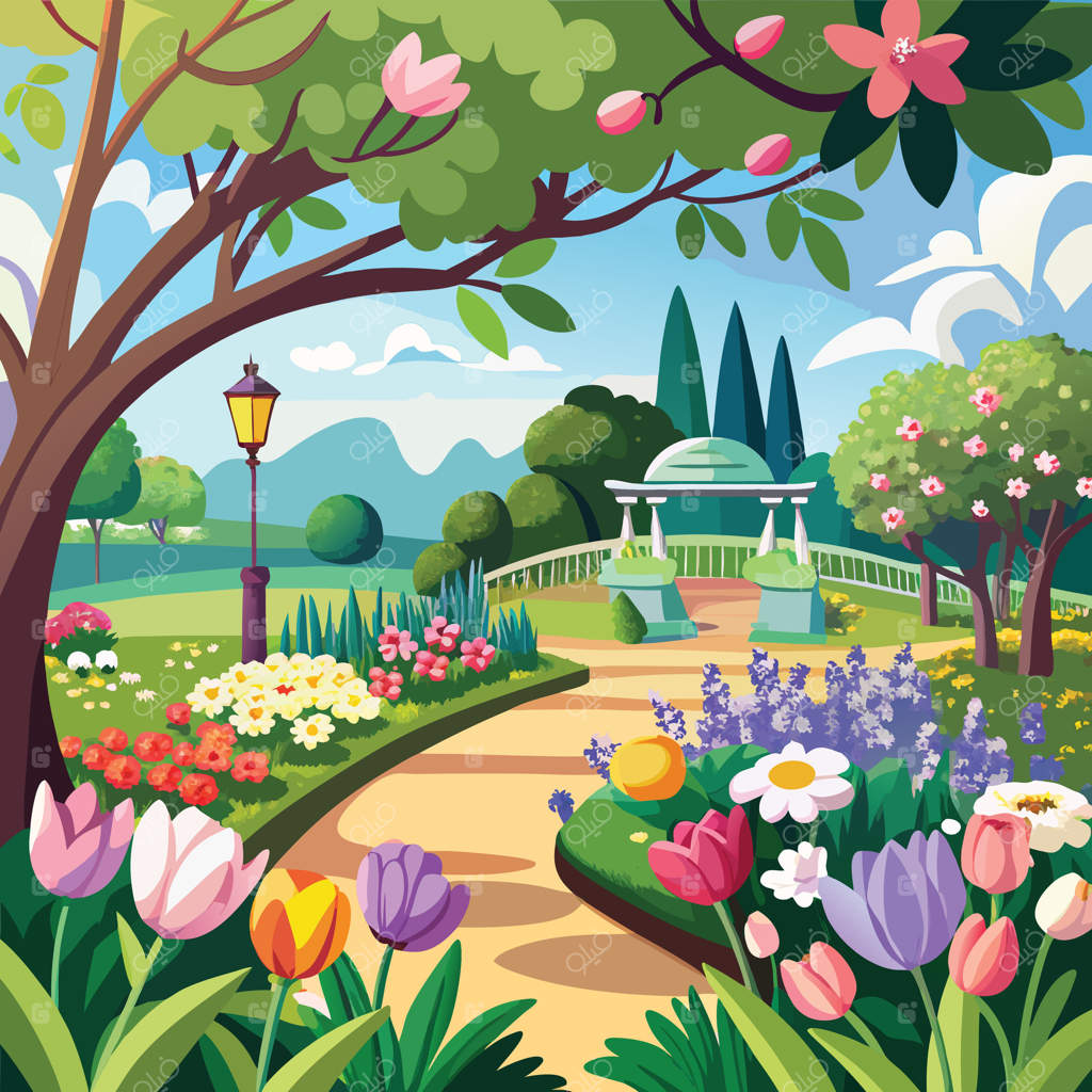 تصویری از یک باغ زیبا با گل‌ها و درختان