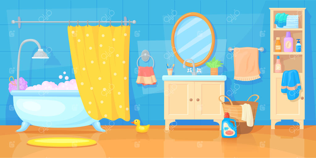 مبلمان کارتونی حمام: دکوراسیون داخلی خانه و هتل - توالت و دستشویی کودکانه با وان و دوش بچه‌ها، سینک با آینه و بهداشت کودک، پس‌زمینه آپارتمان مرتب و تمیز، تصویرسازی وکتور.