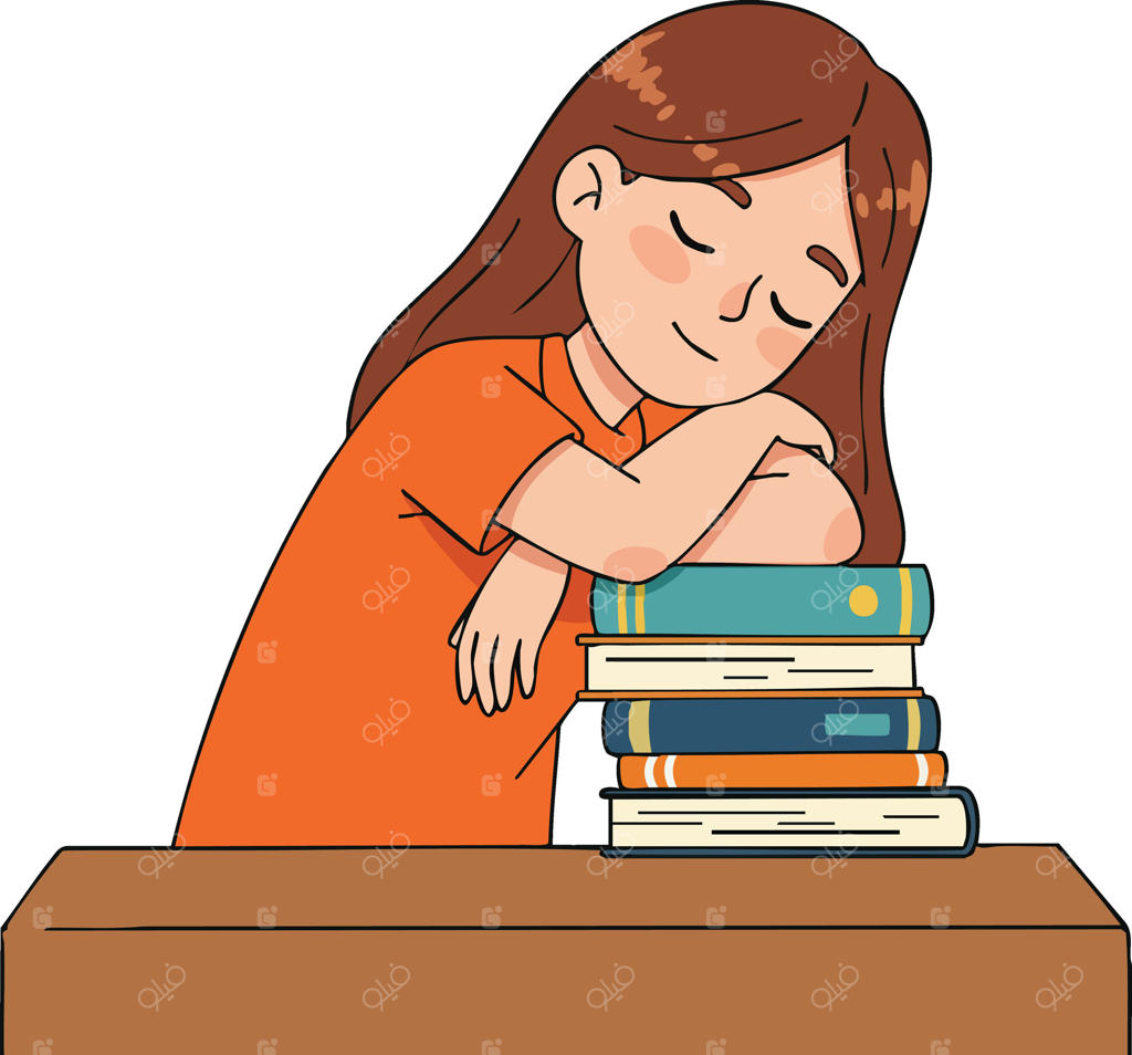 تصویر دختری که سرش را آرام بر روی دسته‌ای از کتاب‌ها روی میز چوبی گذاشته و در لحظه‌ای آرام از مطالعه به سر می‌برد
