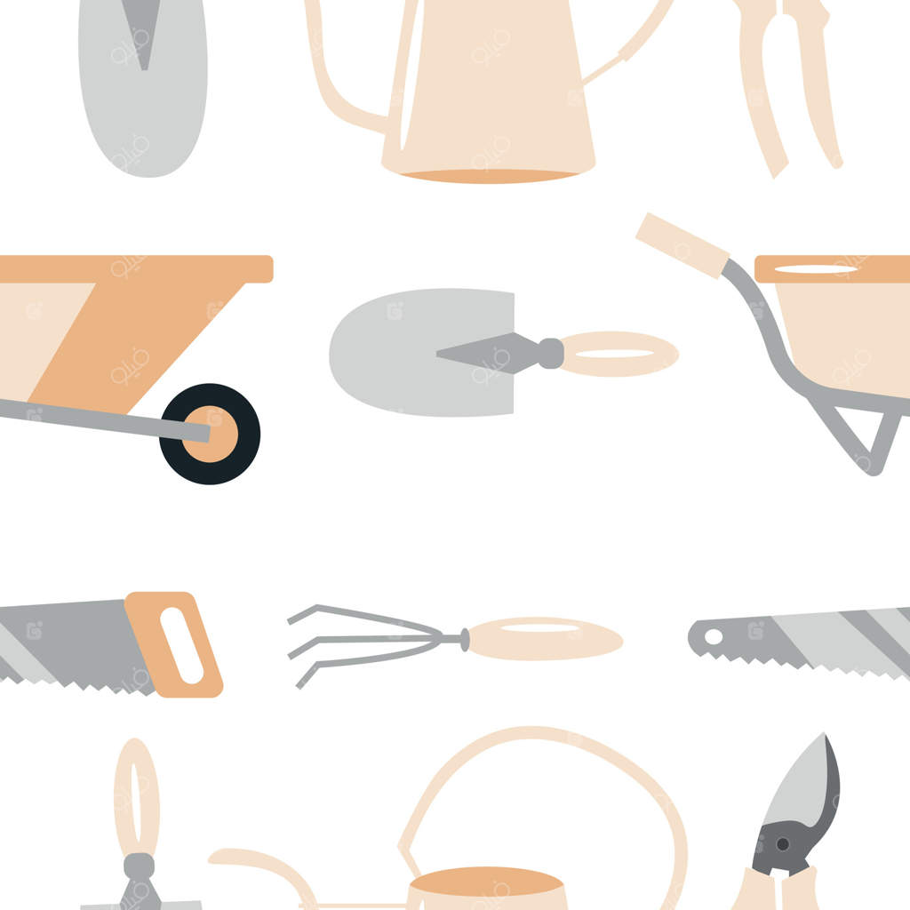 پترن یکپارچه با ابزارهای مختلف باغبانی و آبپاش زرد روی زمینه سفید، مناسب برای بسته‌بندی یا پارچه