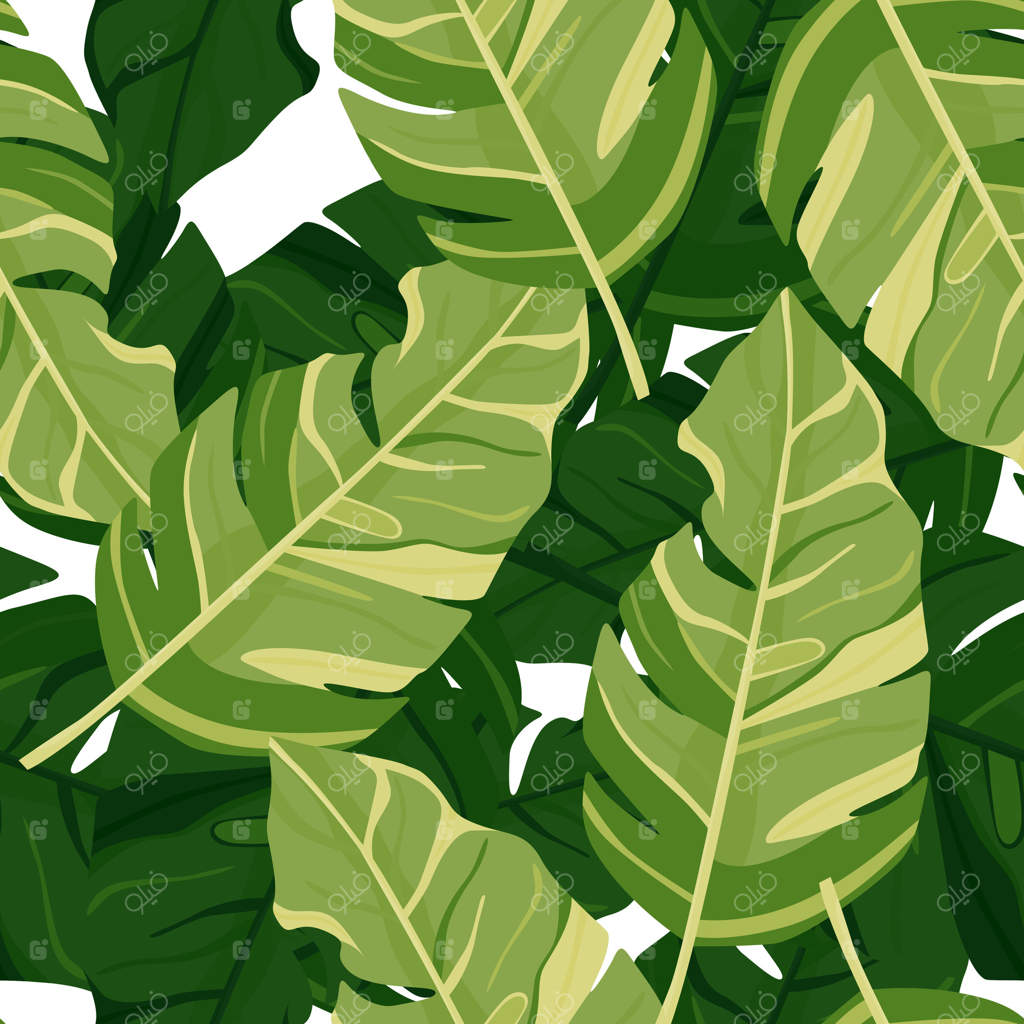 پترن الهام گرفته از هاوایی: کاغذ دیواری مدرن با درختان نخل و گیاهان سرسبز. پس‌زمینه‌ای انتزاعی از باغ‌های گیاهی.