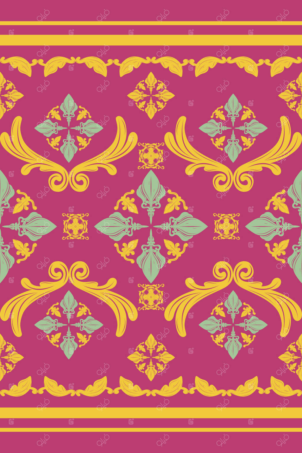 گل‌های پیچیده و رنگارنگ سنتی با طرح‌های هنری طلا و آبی روی زمینه صورتی. طرح حاشیه‌ی مفصل با الهام از باغ‌های طبیعی و طومارهای ویکتوریایی و باروک، مناسب برای کاغذدیواری‌های لوکس و ابریشم‌های گرانبها و گلدوزی‌ها.