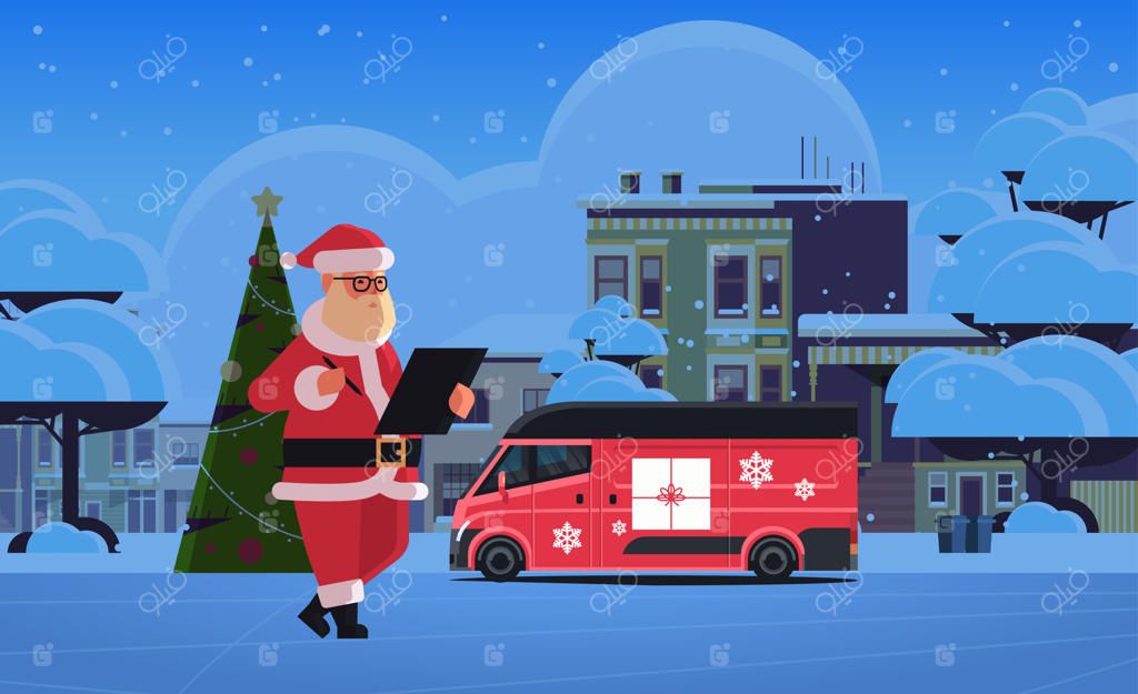 بابانوئل در حال نوشتن روی تخته، کنار وانت تحویل - جشن کریسمس در زمستان در یک شب شهری - تصویر افقی و تخت از منظره شهری