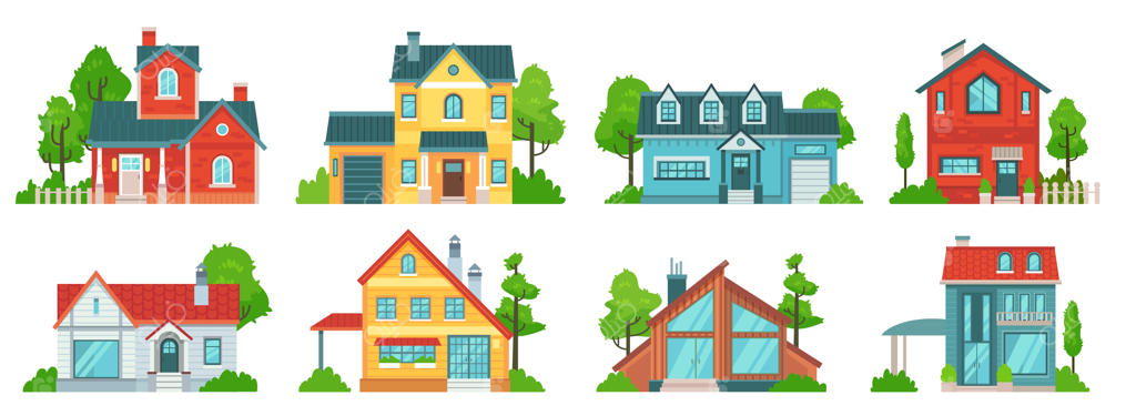 خانه‌های حومه شهر: نماهای املاک، ویلاهای تعطیلات و خانه‌های روستایی با معماری سقف‌ها.