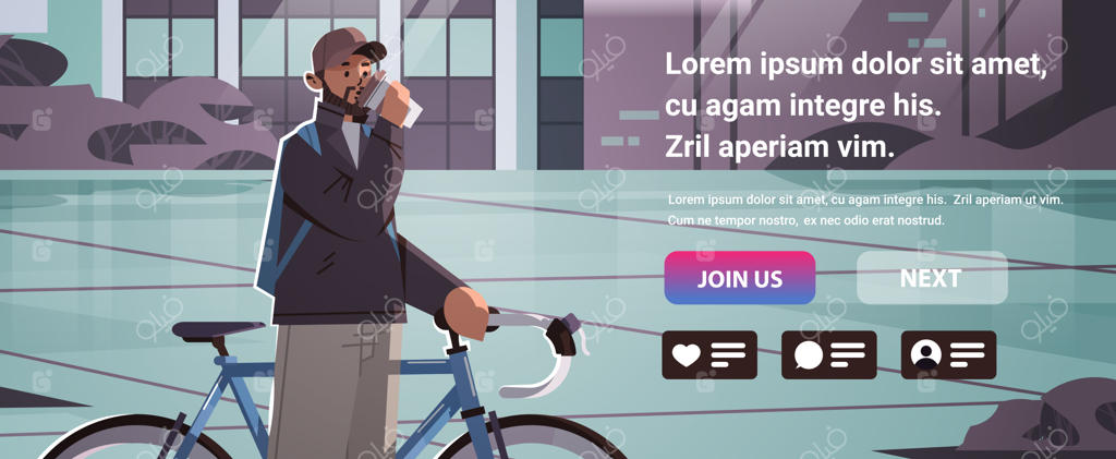 دوچرخه‌سوار مرد در حال استراحت با فنجان قهوه بیرون‌بر در خیابان شهر مدرن، پرتره و فضای کپی برداری از تصویر - تصویر برداری برداری