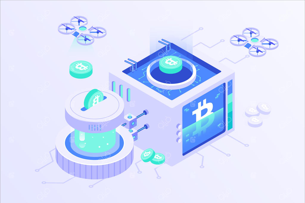 طراحی ایزومتریک سرور آنلاین استخراج ارز دیجیتال بلاکچین بیتکوین