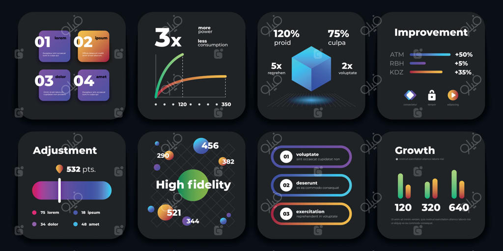 کارت‌های اینفوگرافیک: الگوی ارائه کسب و کار با نمودارها و دیاگرام‌ها در پس‌زمینه تیره - مجموعه مدرن وکتور