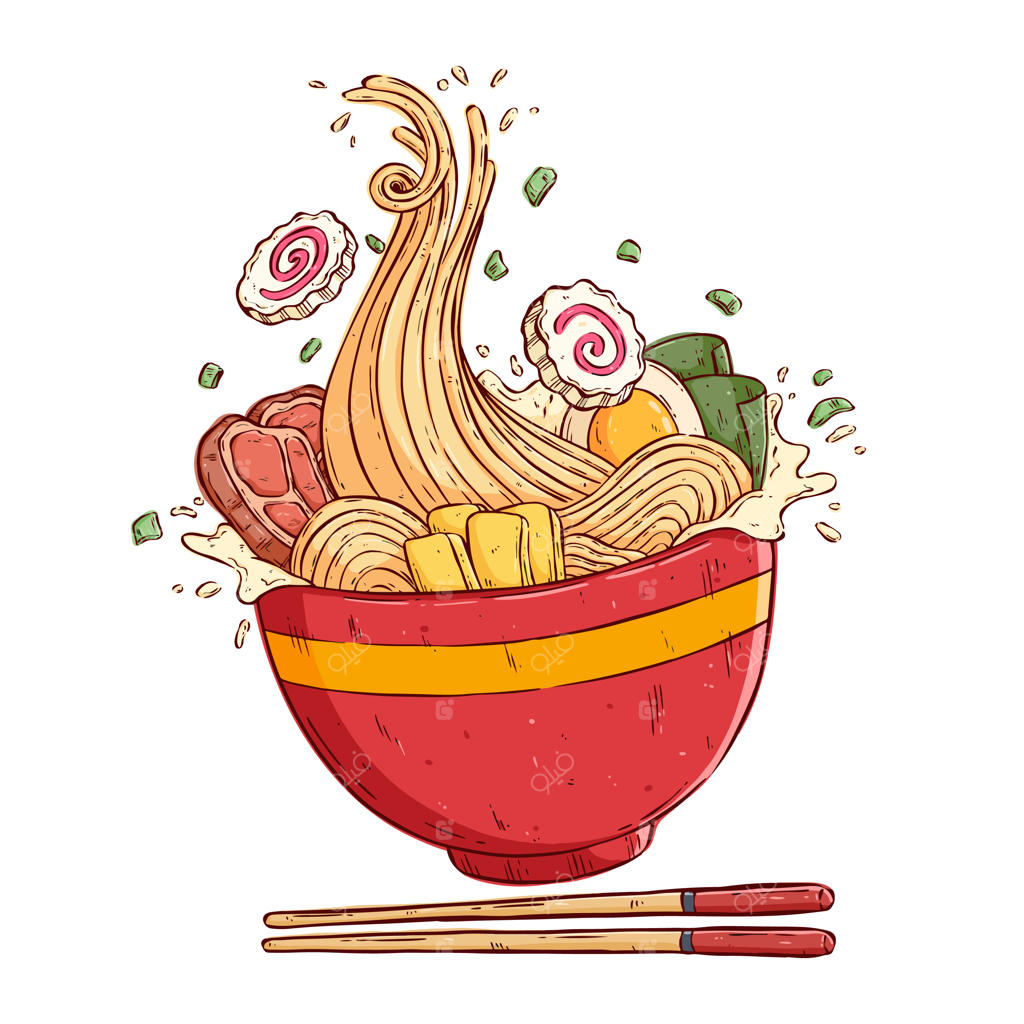 نودل آسیایی خوشمزه یا رامن ژاپنی با طراحی دستی رنگارنگ