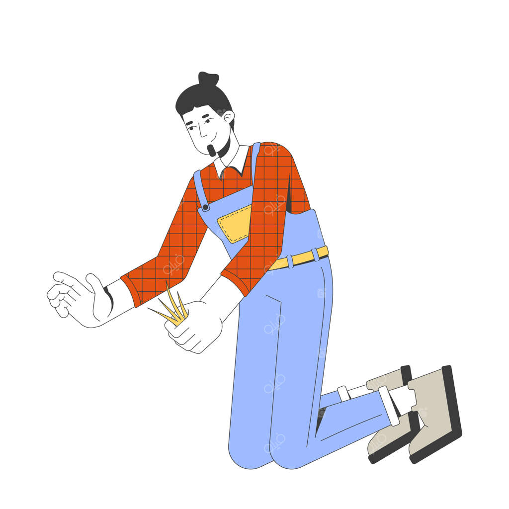 کشاورز مرد در حال زانو زدن و وجین کردن باغچه - شخصیت کارتونی دو بعدی. روستایی با لباس کار و پیراهن چهارخانه، کشاورزی در حال برداشت علف‌های هرز. تصویر رنگارنگ و جذاب روی زمینه سفید