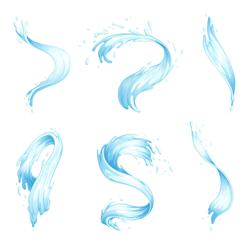 مجموعه‌ای از پاشیده‌ها و امواج آب. جریان‌های آبی با اشکال مختلف.