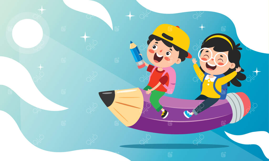 کودک خنده‌دار سوار بر مداد رنگی پرنده