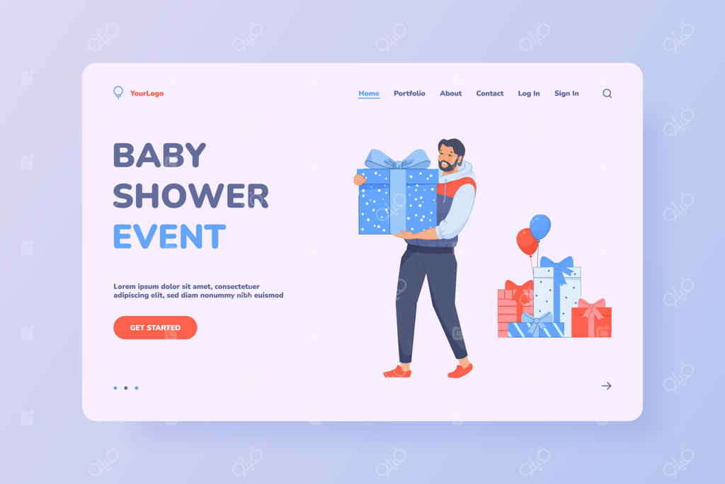 هدیه به مهمان باردار: مردی که جعبه‌ای را برای جشن تولد نوزاد به زن جوان تقدیم می‌کند (صفحه فرود وب)