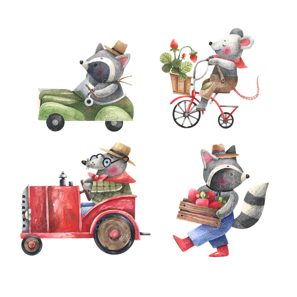 حیوانات بامزه در حال حمل توت‌فرنگی: موش کور، موش و راکون پشت فرمان!