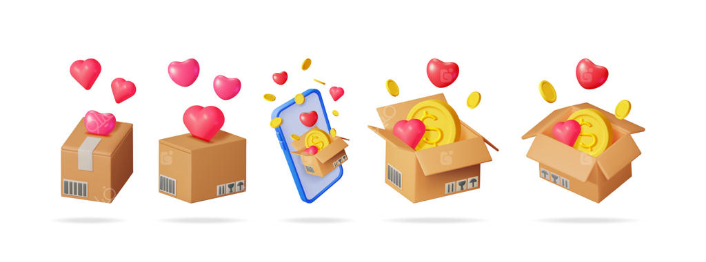 تصاویر سه‌بعدی از جعبه‌ها، قلب‌ها، سکه‌ها و یک گوشی، نشان‌دهنده دوستیابی آنلاین، انتقال پول و تحویل بسته.