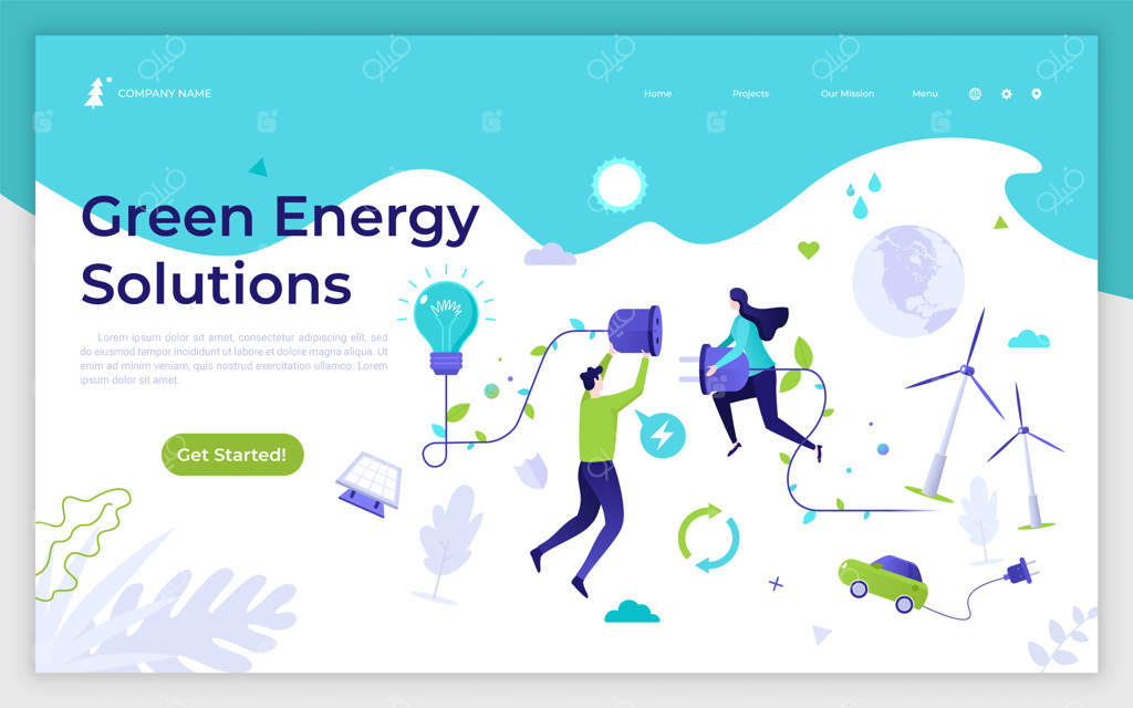 قالب صفحه فرود با مرد و زن شناور در حال نگه داشتن توربین‌های بادی و باتری خورشیدی راهکارهای انرژی سبز، فناوری‌های دوستدار محیط زیست، حفاظت از محیط زیست. طرح وکتور ساده