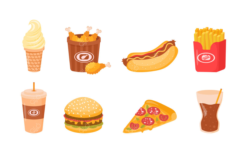 ست غذایی سریع و مقوی برای صبحانه یا ناهار خیابانی، مجزا بر روی زمینه سفید