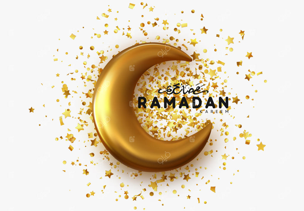طراحی تعطیلات رمضان کریم: جشن ماه مقدس رمضان در اسلام. پس‌زمینه هلال طلایی سه‌بعدی واقعی با ستاره. تصویرسازی وکتور