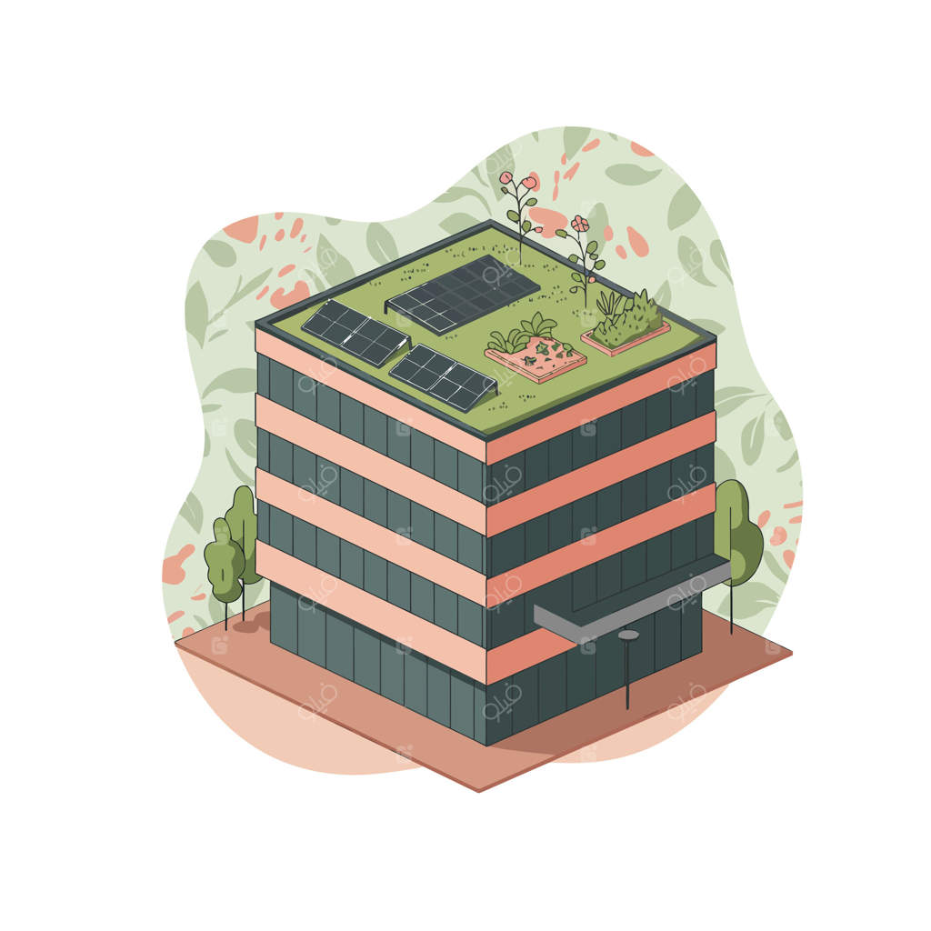 ساختمان اداری پایدار با بام سبز و پنل‌های خورشیدی در محیط شهری دوستدار محیط زیست