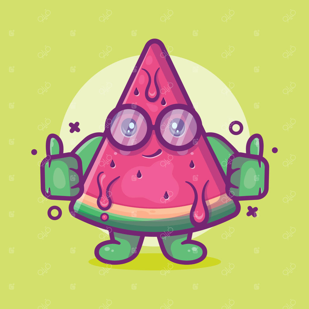 کاراکتر مسکوت هندوانه بامزه با ژست شست رو به بالا، طراحی کارتونی به سبک فلت