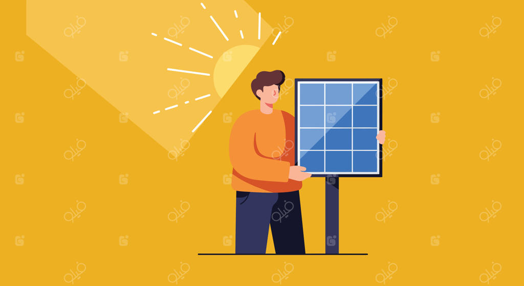 تصویری از مفهوم انرژی تجدیدپذیر: مردی در حال نگه‌داشتن صفحه خورشیدی با پس‌زمینه زرد و نور خورشید درخشان