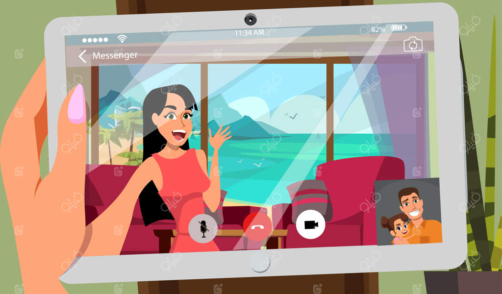 تماس تصویری از استراحتگاه ساحلی؛ مادر جوان با همسر و دخترش صحبت می‌کند.