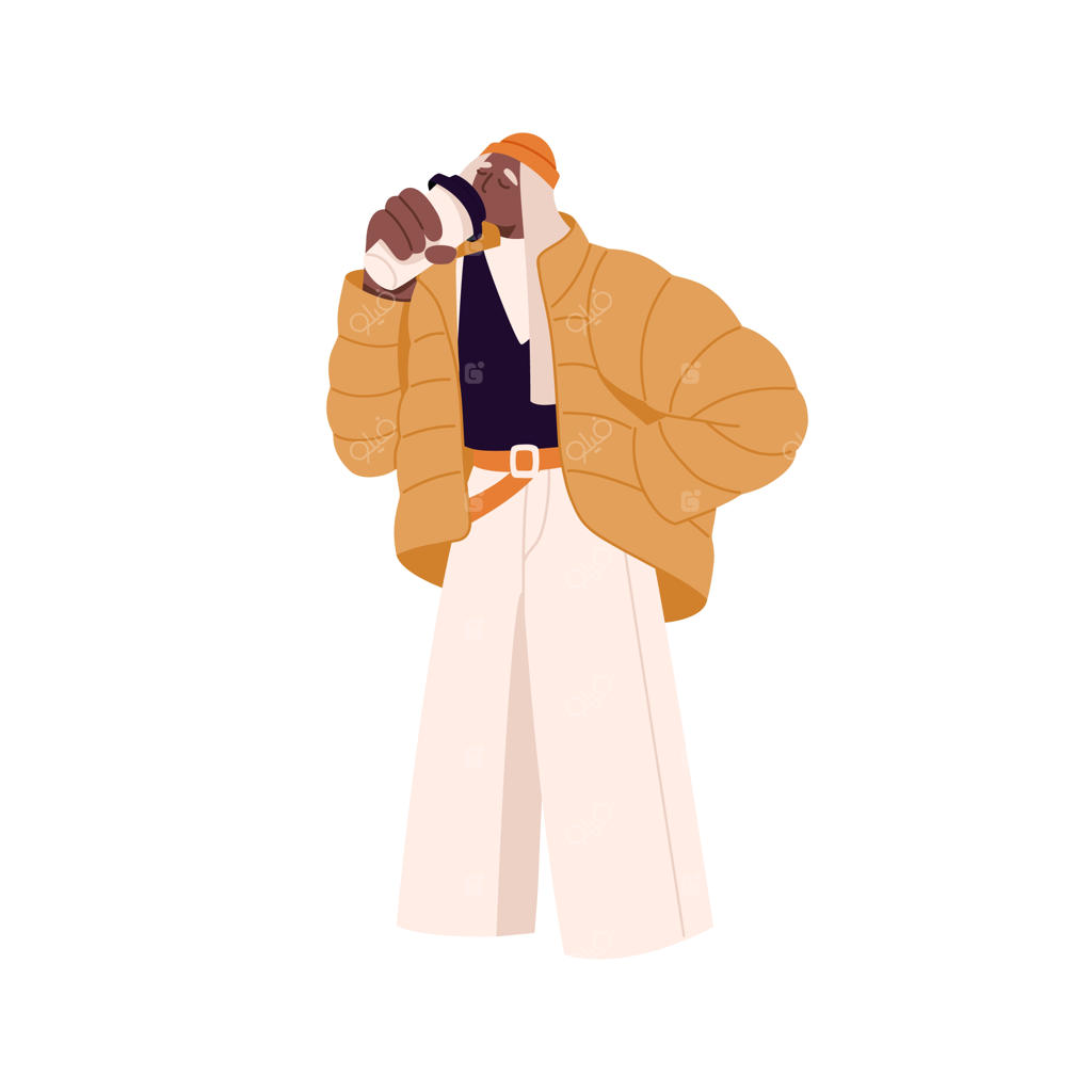 زنی با لیوان کاغذی قهوه بیرون از خانه - شخصی شیک با چای داغ بیرون‌بر در دست - زن با قهوه آماده - تصویر سازی تخت وکتور