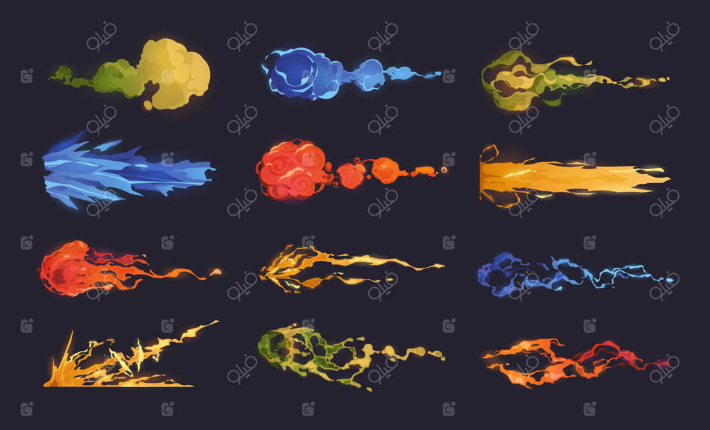 تأثیر شلیک کارتونی: انفجار لیزر در بازی رنگارنگ آینده‌نگر با پرتوهای مخرب و نورانی - مجموعه‌ای از حملات پلاسما و جادوهای علمی‌تخیلی به صورت وکتور
