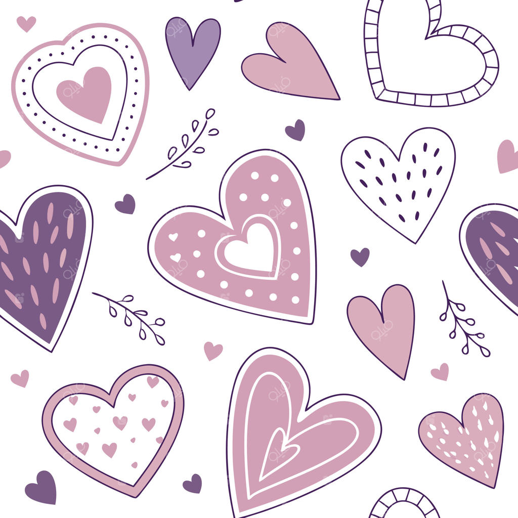 پترن جذاب و بی‌وقفه با قلب‌های فانتزی و تزئینات خال‌خالی در رنگ‌های ملایم صورتی و بنفش